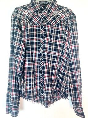 Monarchy Men’s L Distressed Plaid Embroidered Western Y2K Shirt